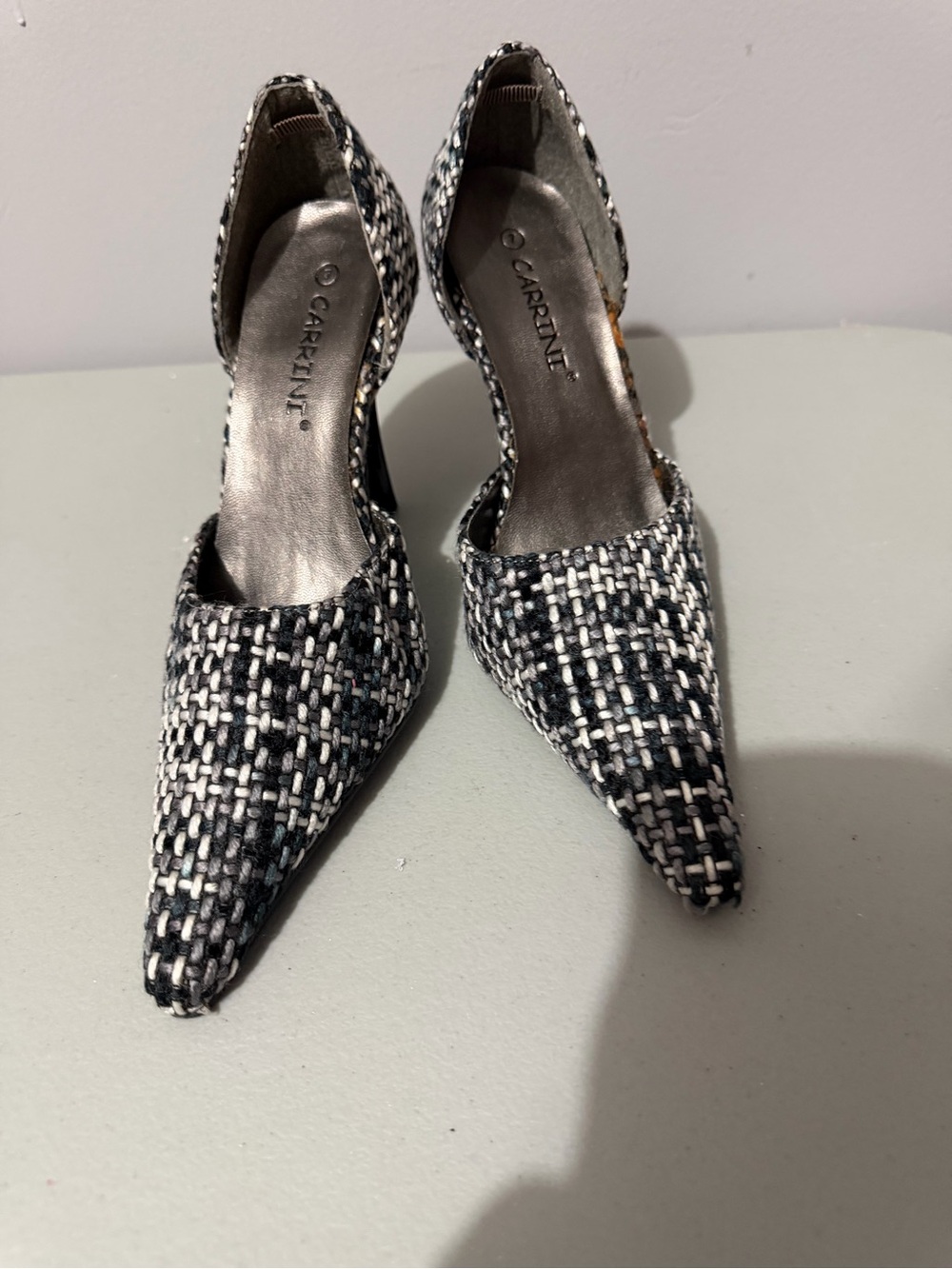 Carrrini Black & White Tweed Pointed-Toe D'Orsay Heels